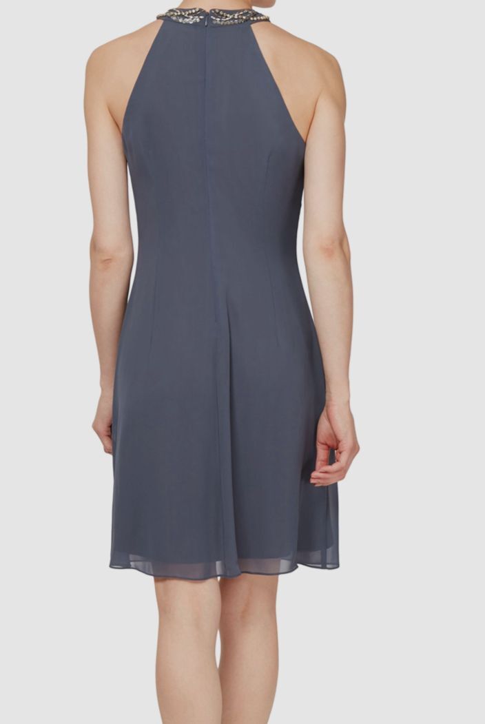 SLNY Women’s Gray Beaded Lined Ruffle Halter A-Line Dress Size 10