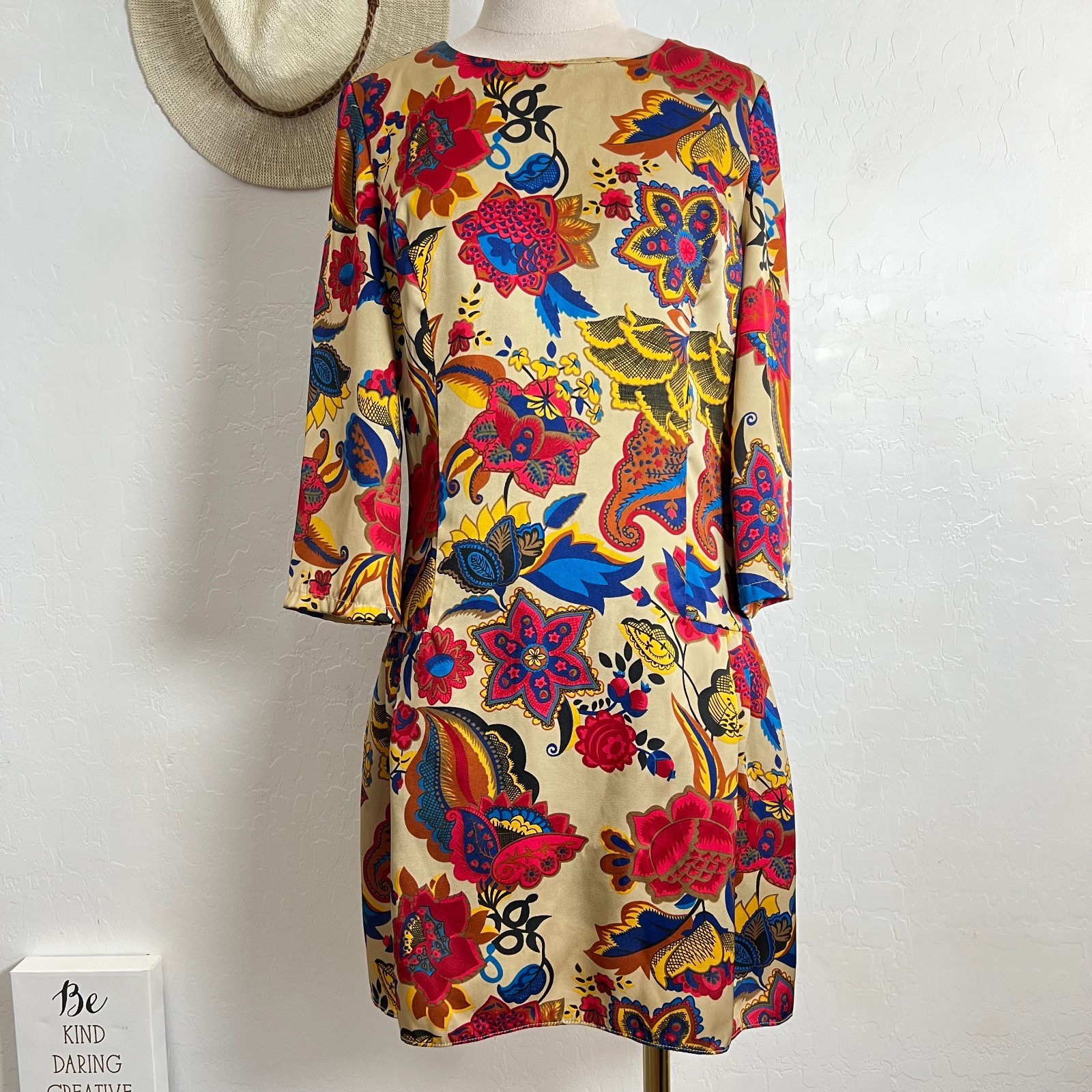 CISSLINE multicolor paisley dress L retro designer inspired cinch waist ruffle