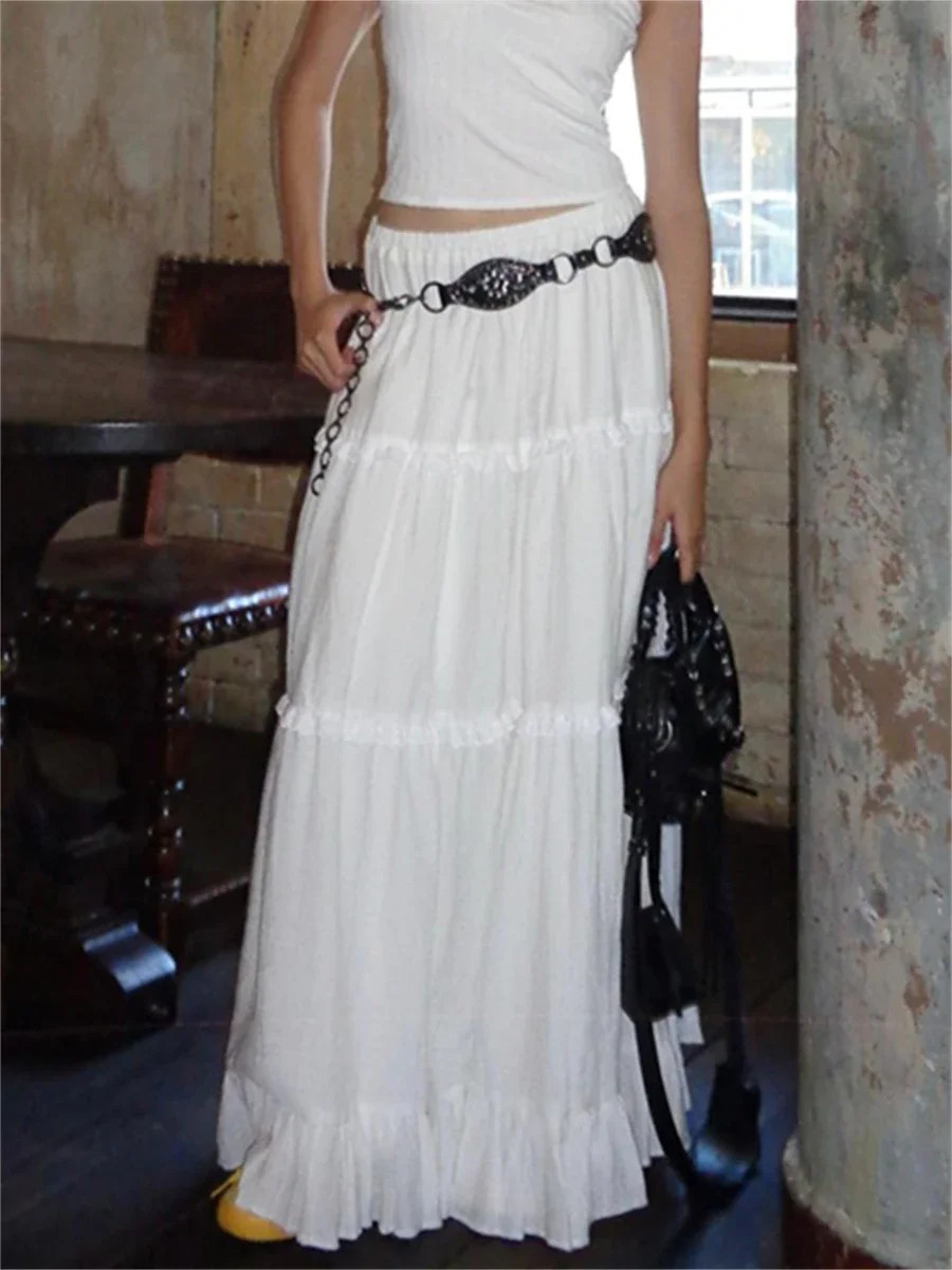 Fairycore Elegant White Smooth Hoop Dress Women’s Elastic Waist Lotus Leaf Edge