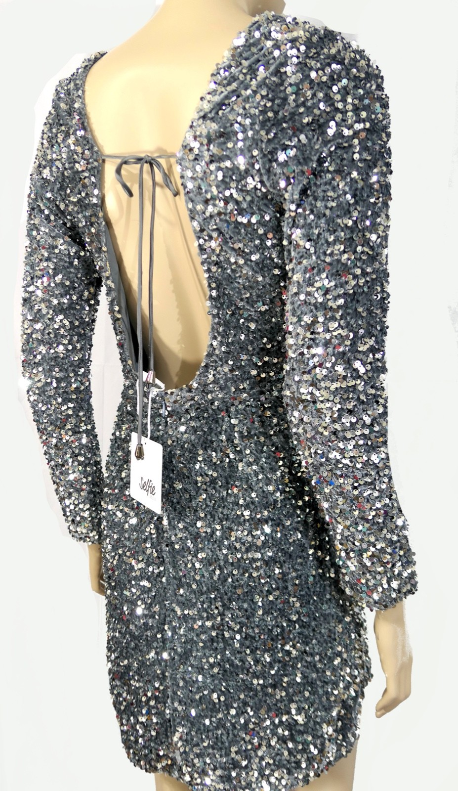 Selfie Leslie NWT Silver Sequin Short Dress Tie Back L