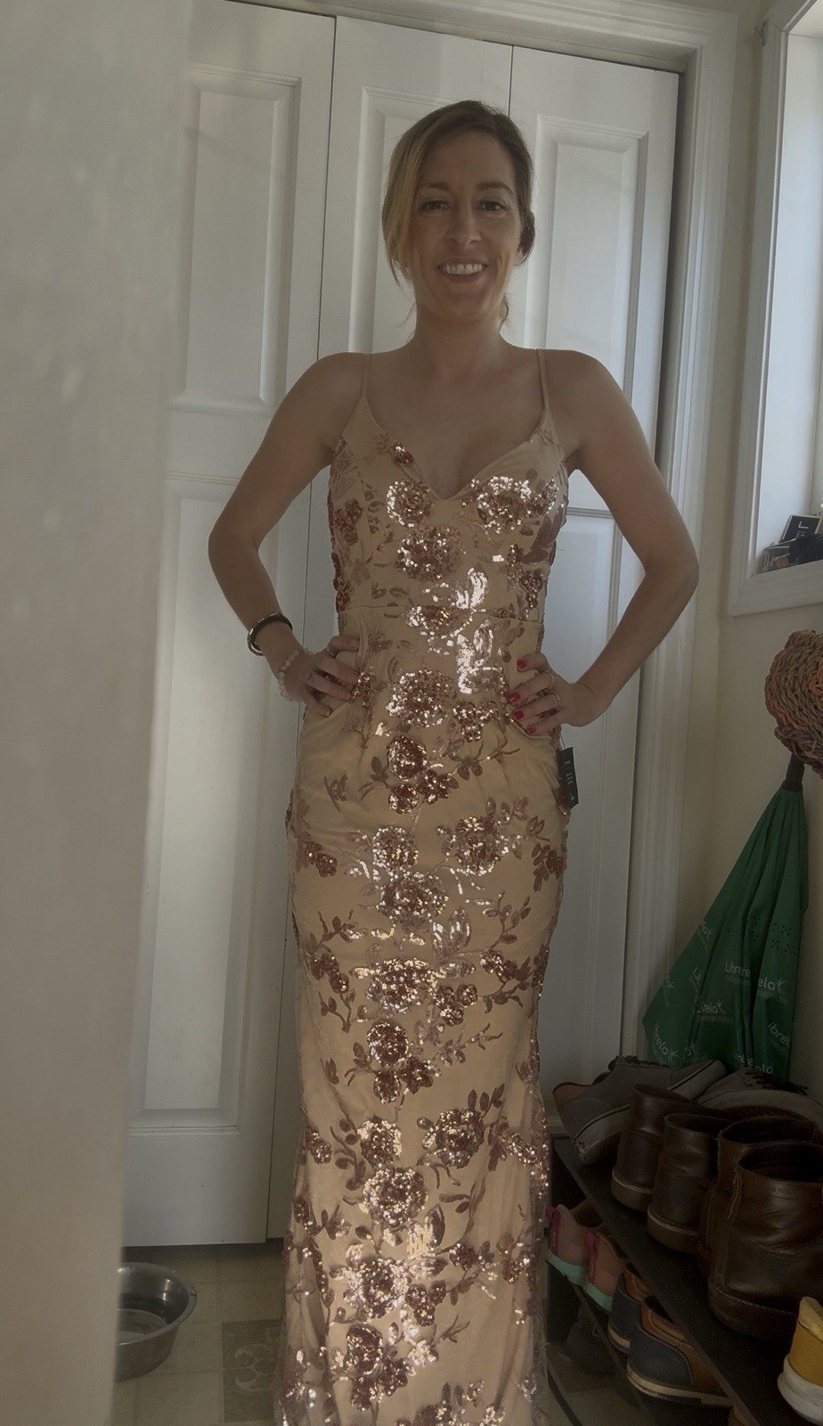 Lulus Beige/Rose Gold Sequin Floral Strappy V-Neck Long Gown Dress XS