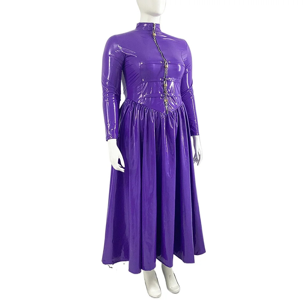 Lockable Spandex PVC Leather Long Dresses Exotic Party Wetlook Pleated Dress