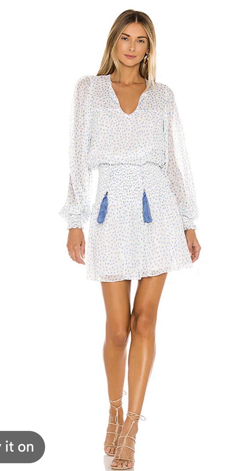 Karina Grimaldi White Blue Abstract V-Neck Smocked Ruffle Mini Dress Size S