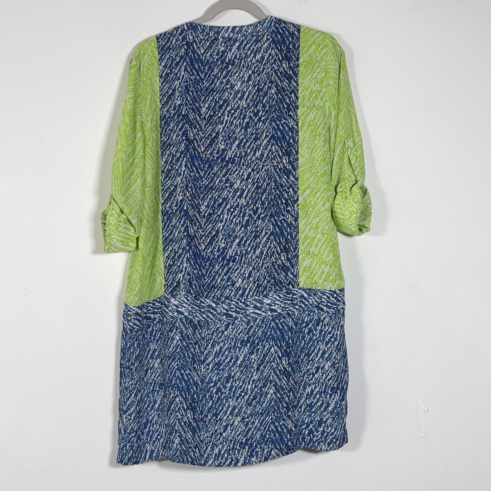 Etcetera V-Neck Roll Tab Shift Dress Womens Sz 12 Blue Green Colorblock