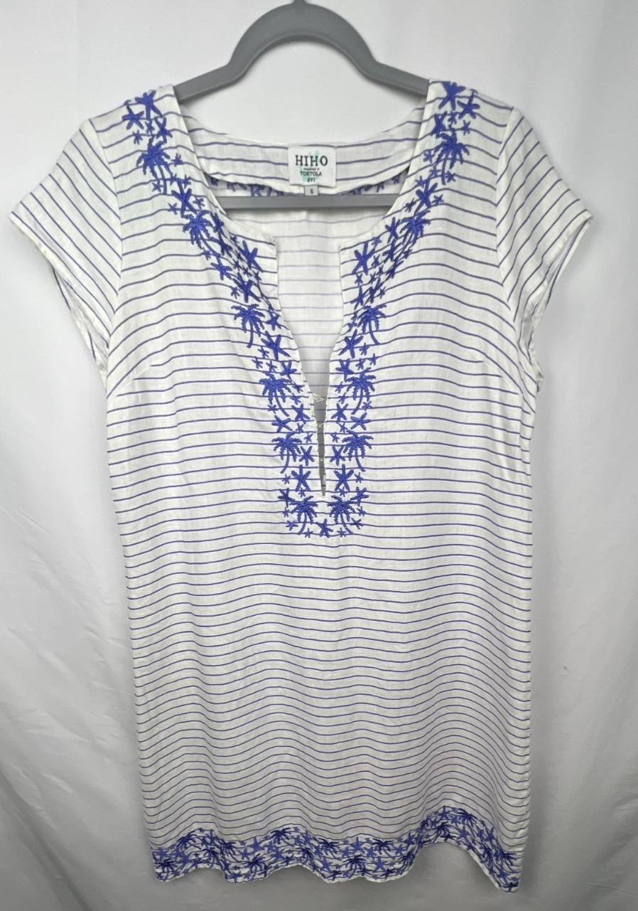 HIHO Tortola BVI Dress S White Blue Striped 100% Linen Embroidered Beach Coastal