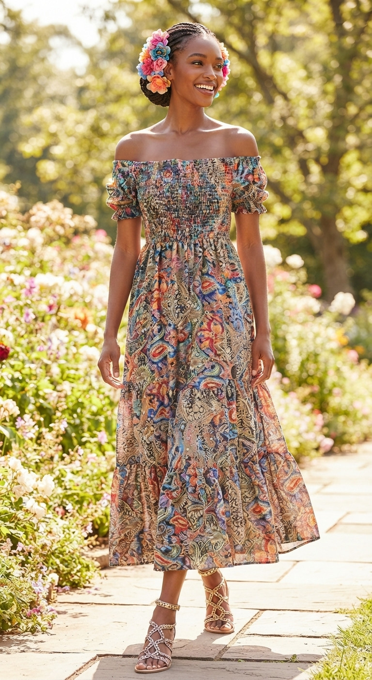 NEW! Off shoulder floral maxi dress featuring a stretchy smocked bodice Size L