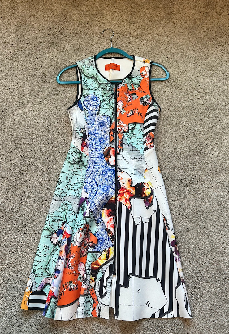 Clover Canyon Neoprene World Map Flared Zip Up Dress (size medium), used