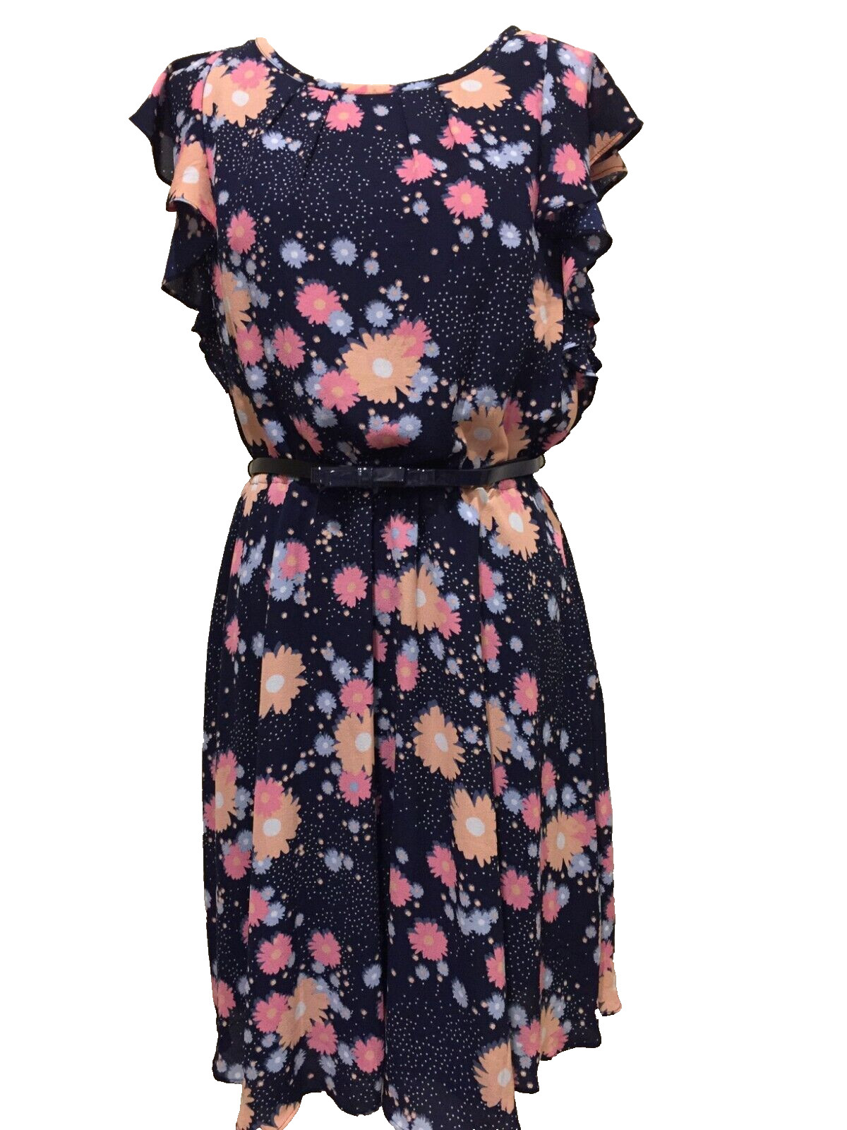Elle Belted Dress Navy Blue Floral Flutter Sleeves Women’s Size 10 Tag $60, NWT