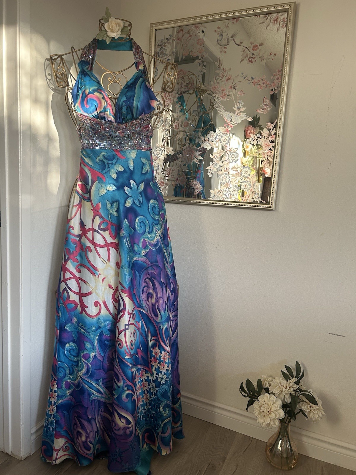 Dave & Johnny Blue Floral Sequin Bodice Strappy Lined Maxi Dress Womens 6