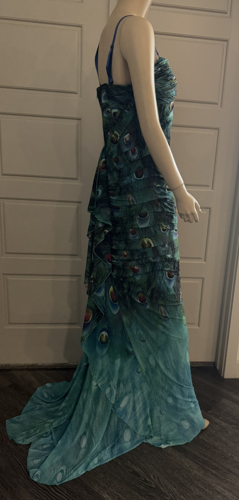 Alberto Makali Strapless Peacock Beaded Gown.-Size 12. (LK#274 A)