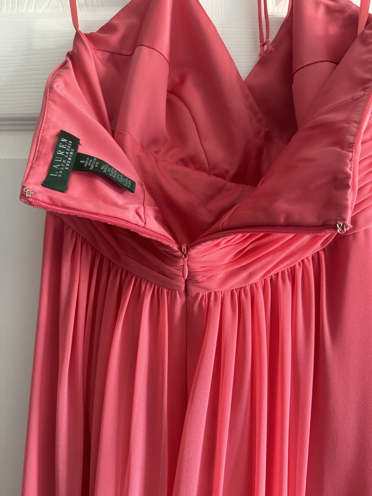 Lauren Ralph Lauren Women’s Pleated Bow Empire Halter Chiffon Gown 8 Coral EUC