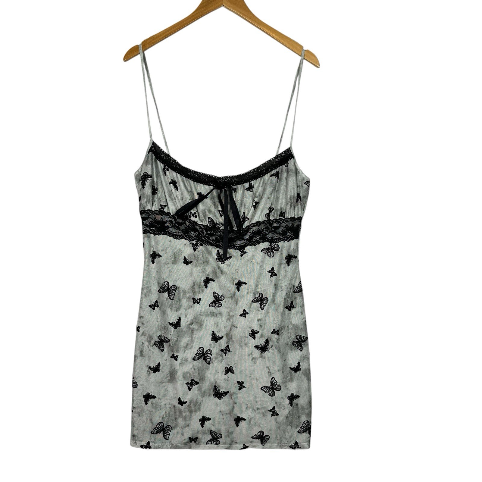 Pretty Damage Babydoll Butterfly Mesh Mini Dress L Sheer Lace Trim Y2K Slip NWT