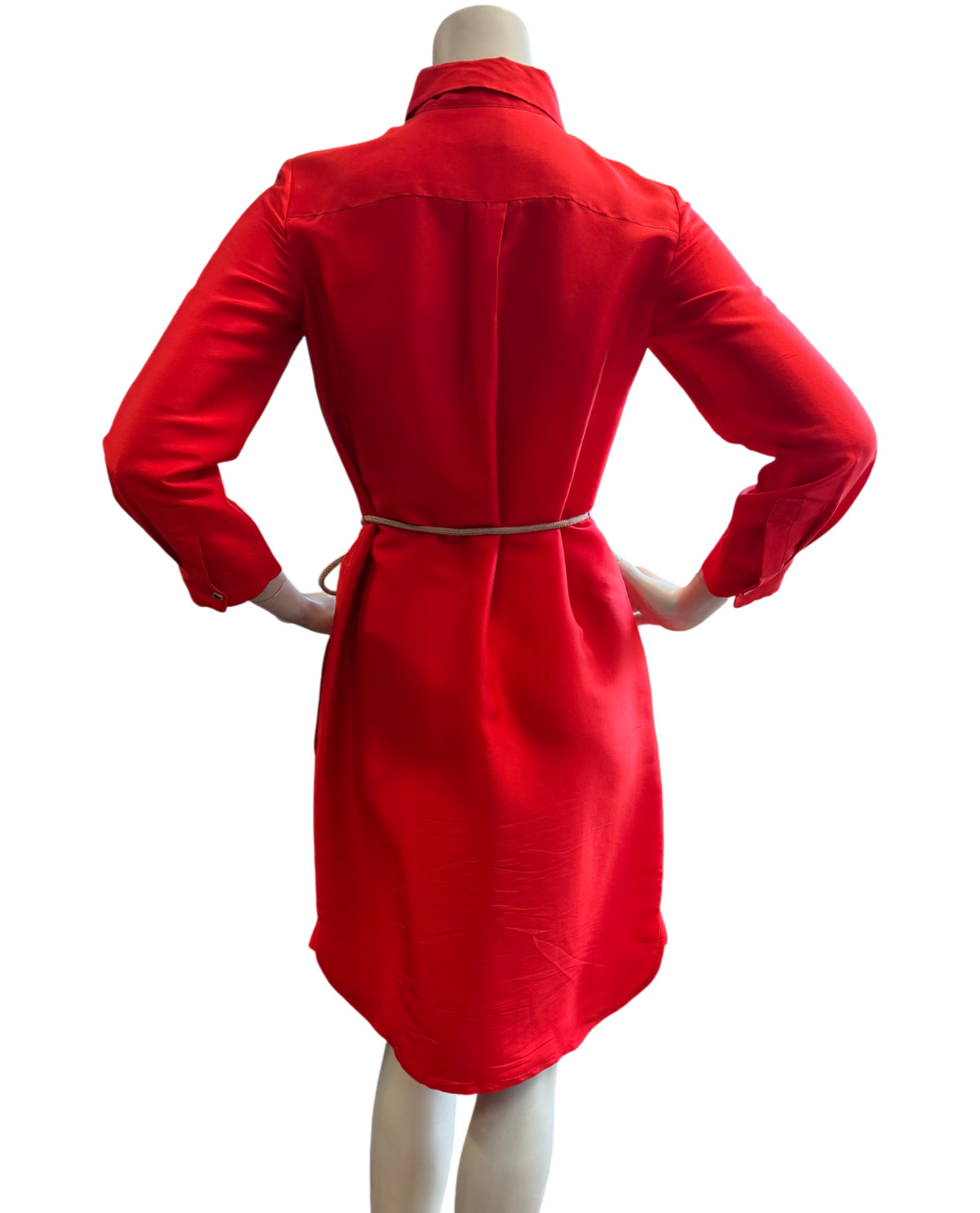 NWOT CAROLINE HERRERA Red Silk Button Up Dress Pocket Rope Belt Bend Collar 4 S