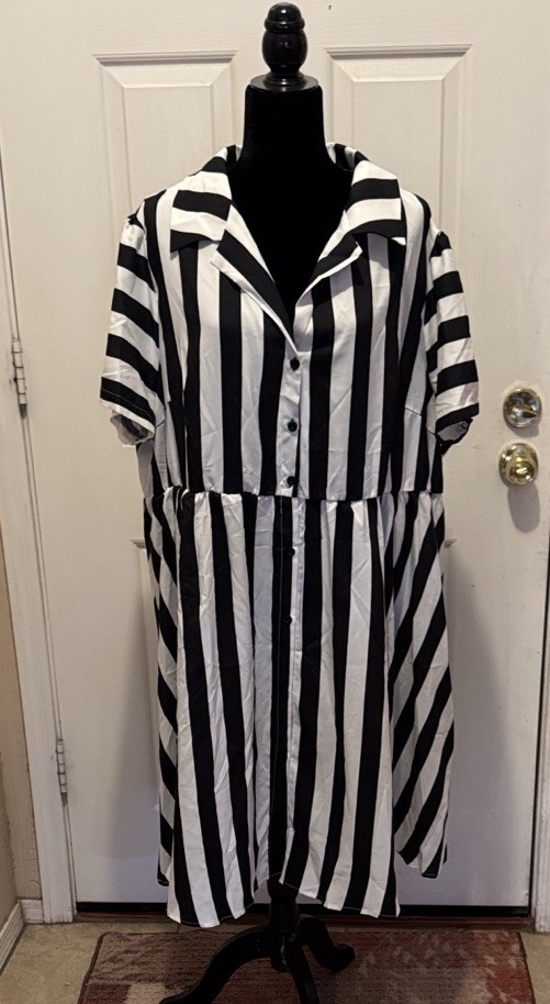 Black White Striped Button Top Dress 25” P2P 42” Length 50-44-52 Size 5X NIB