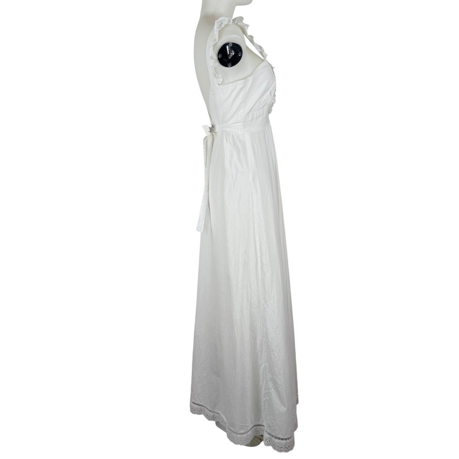 Vintage White Cotton Eyelet Lace Maxi Dress Embroidery V-Back Summer Boho XS