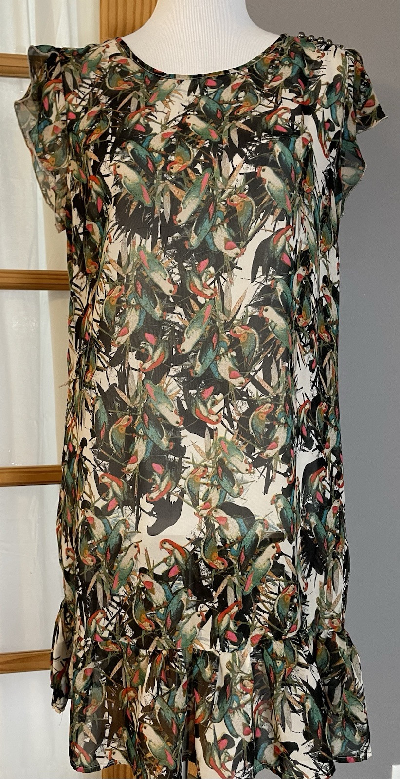 Belle De Jour Sheer Tropical Mini Dress XL Ruffles Buttons Birds Paradise Beach