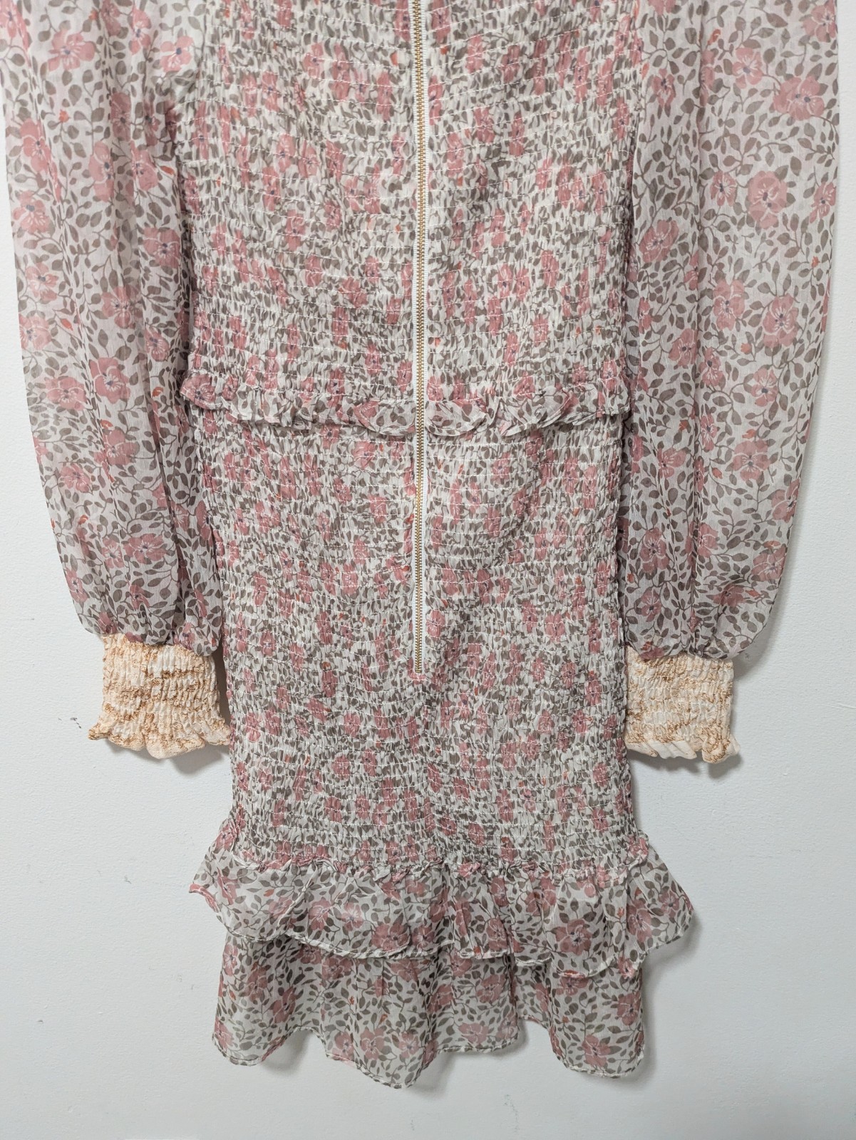 WINONA AUSTRALIA Floral Smocked Ruffle Mini Dress XS Pink Ruffles Sheer Romantic