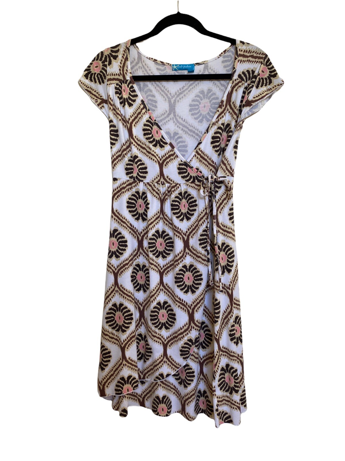 Fresh Produce Wrap Dress SZ XS Cafe Stretch Rayon Mix Fiji Print Cream Brown Pnk