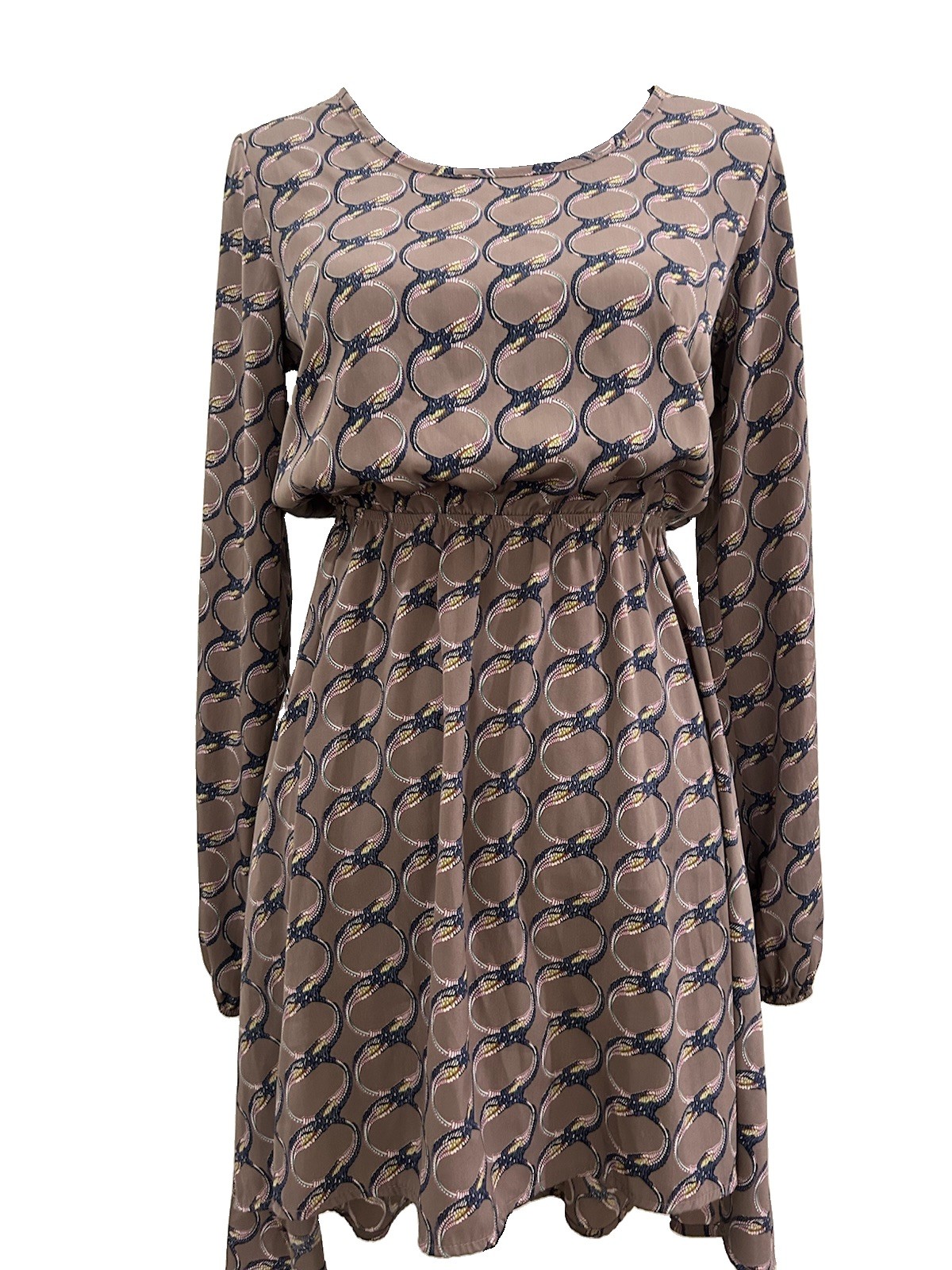 EVERLY Women S Taupe Geometric High-Low Tunic Dress Long Sleeve Boho
