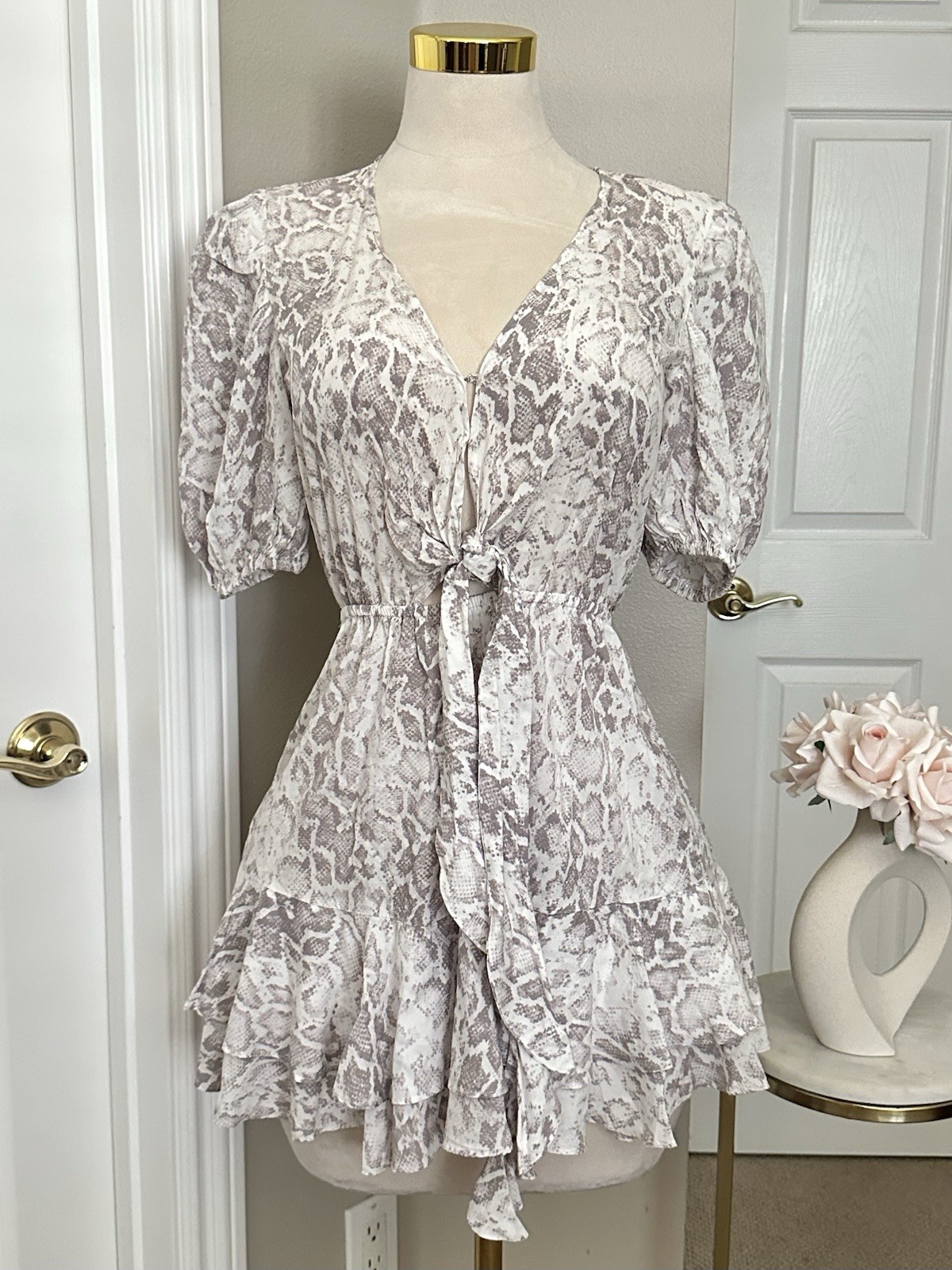 Olivaceous White Lilac Snake-Print Mini Dress w/ Front Tie & Ruffle Hem Sz S