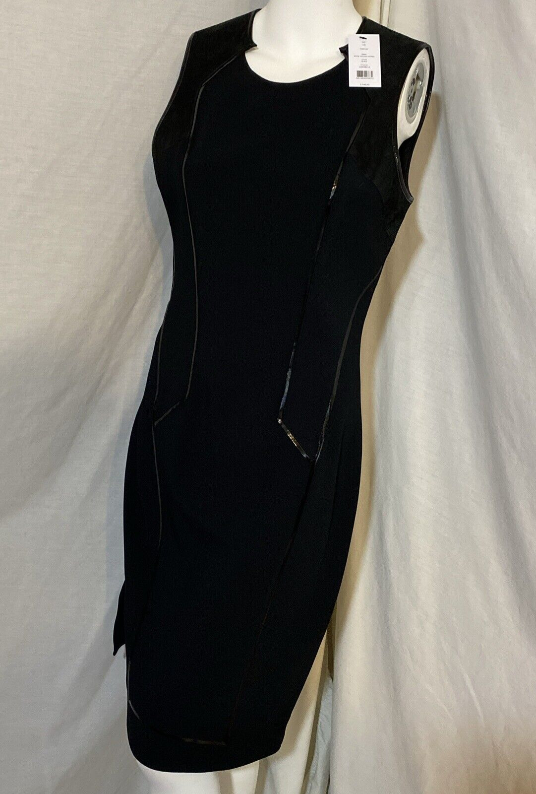 Helmut Lang Black Leather Panel Sleeveless Asymmetric Hem Sheath Dress Size 10