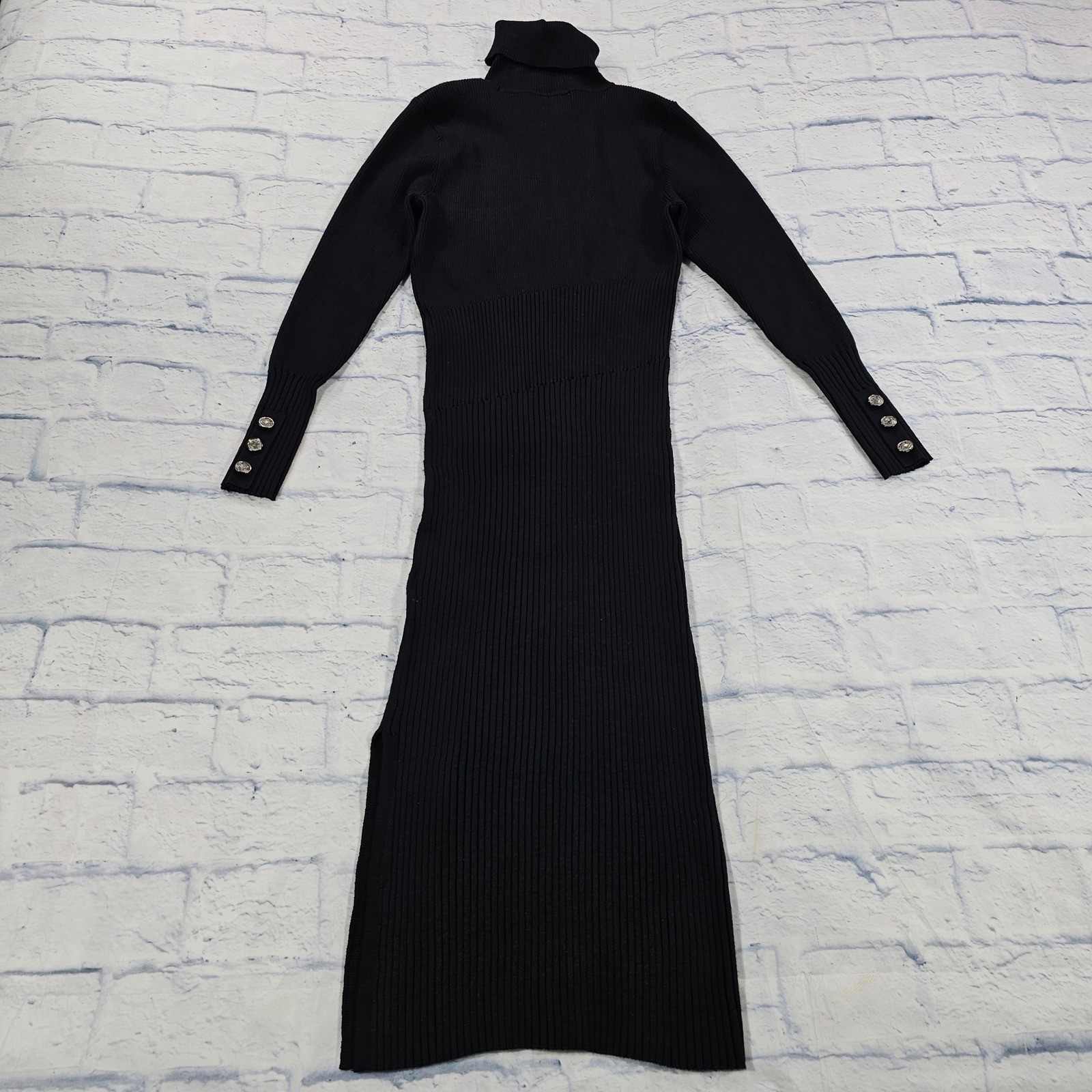 DKNY Maxi Dress Womens M Black Ribbed Knit Turtleneck Button Cuff