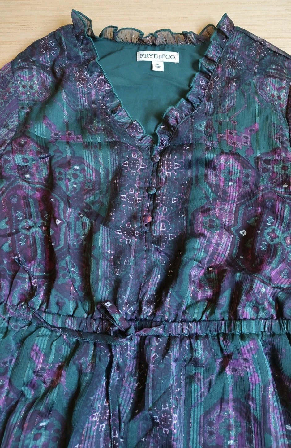 Frye Knee Length Dress Ruffle Buttons Lurex Green Purple Floral Size M Women’s