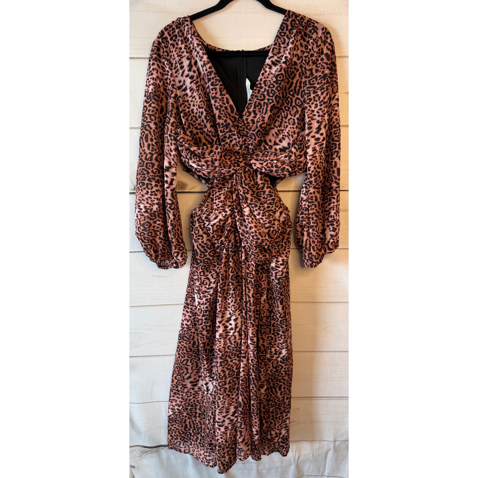 Ranna Gill Leopard Print Cutout Twist Front Midi Dress Brown Large NWT