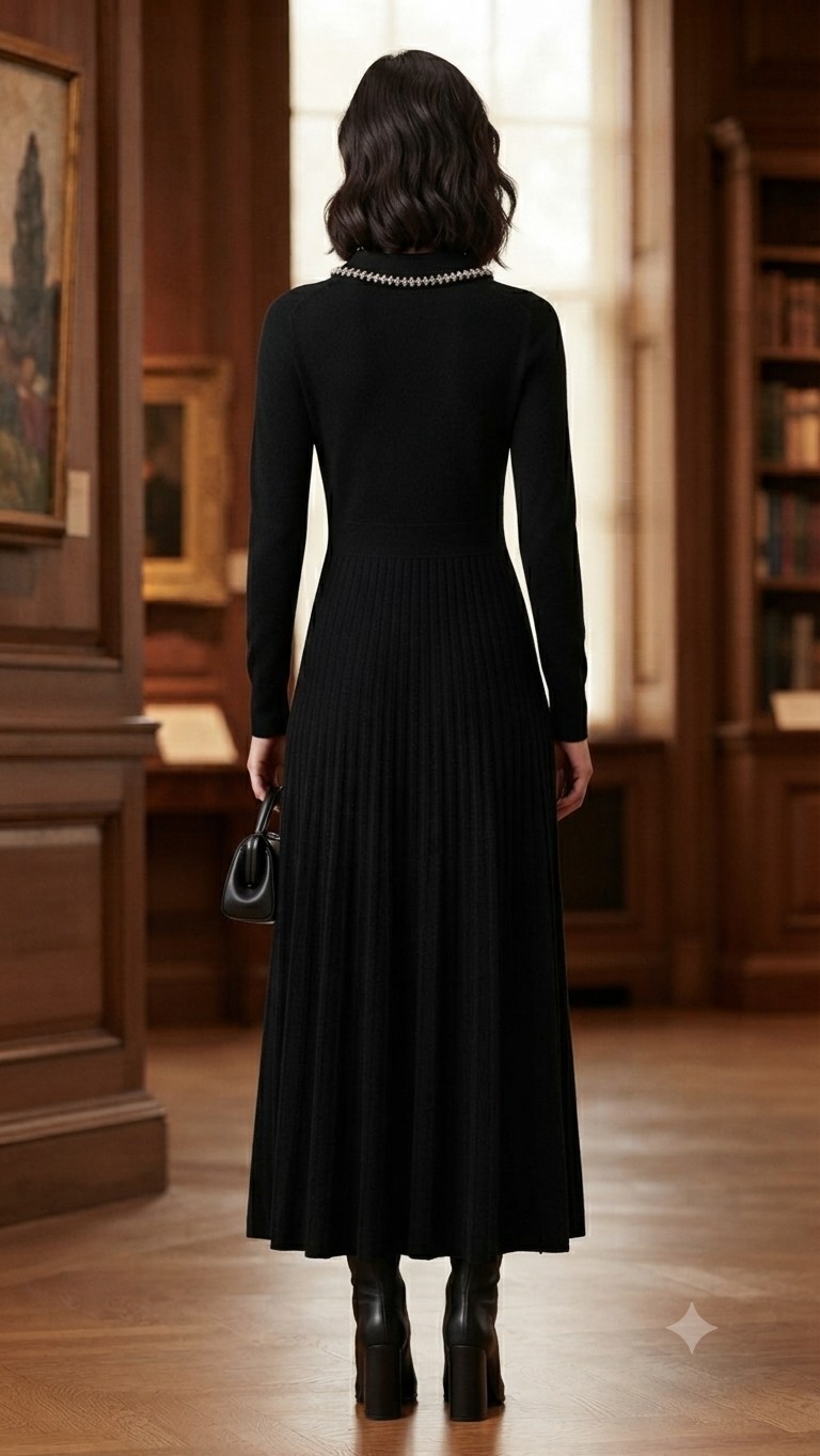 Elie Tahari Black Cashmere Crystal Collar Pleated Long Sleeve Dress XS $595 NWT