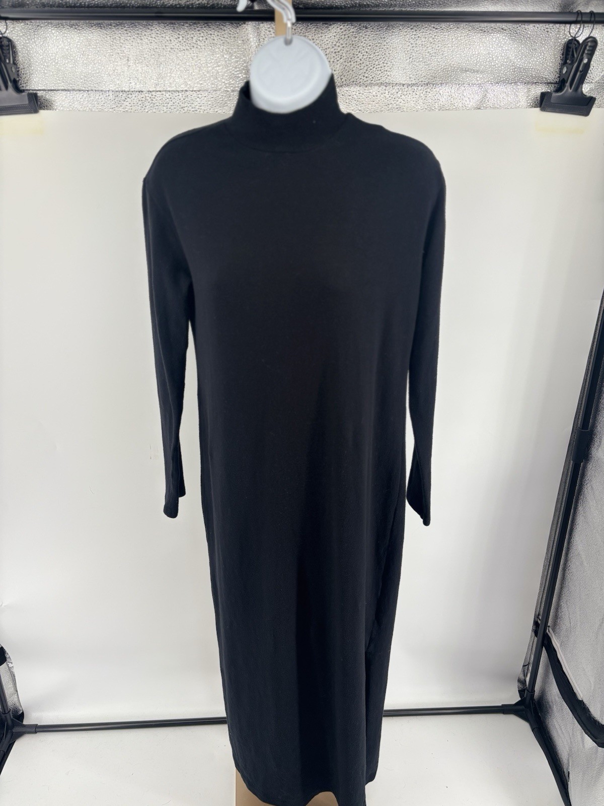 Vince Mock Turtleneck Long Sleeve Midi Dress Black Side Slit Minimalist S
