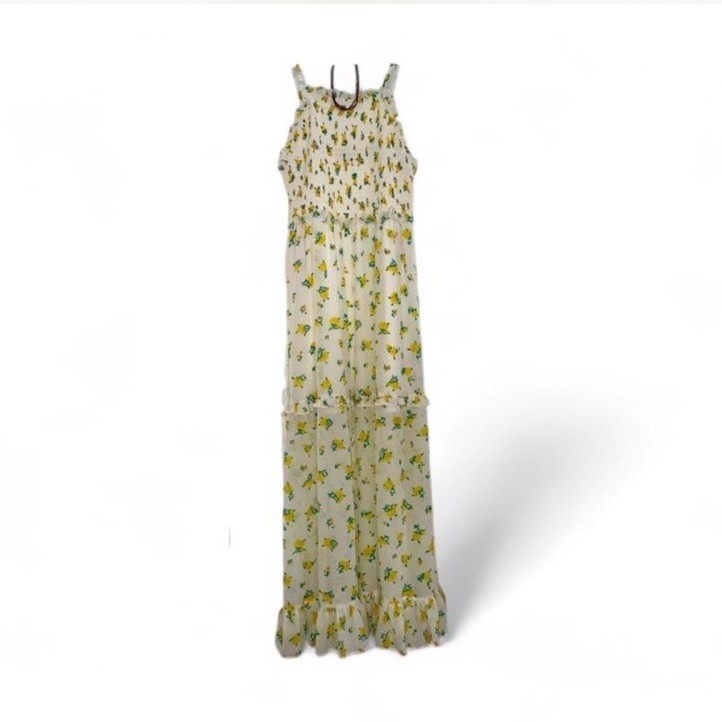 Betsey Johnson White Yellow Green Floral Ruffle Strap Maxi Dress Sleeveless 14