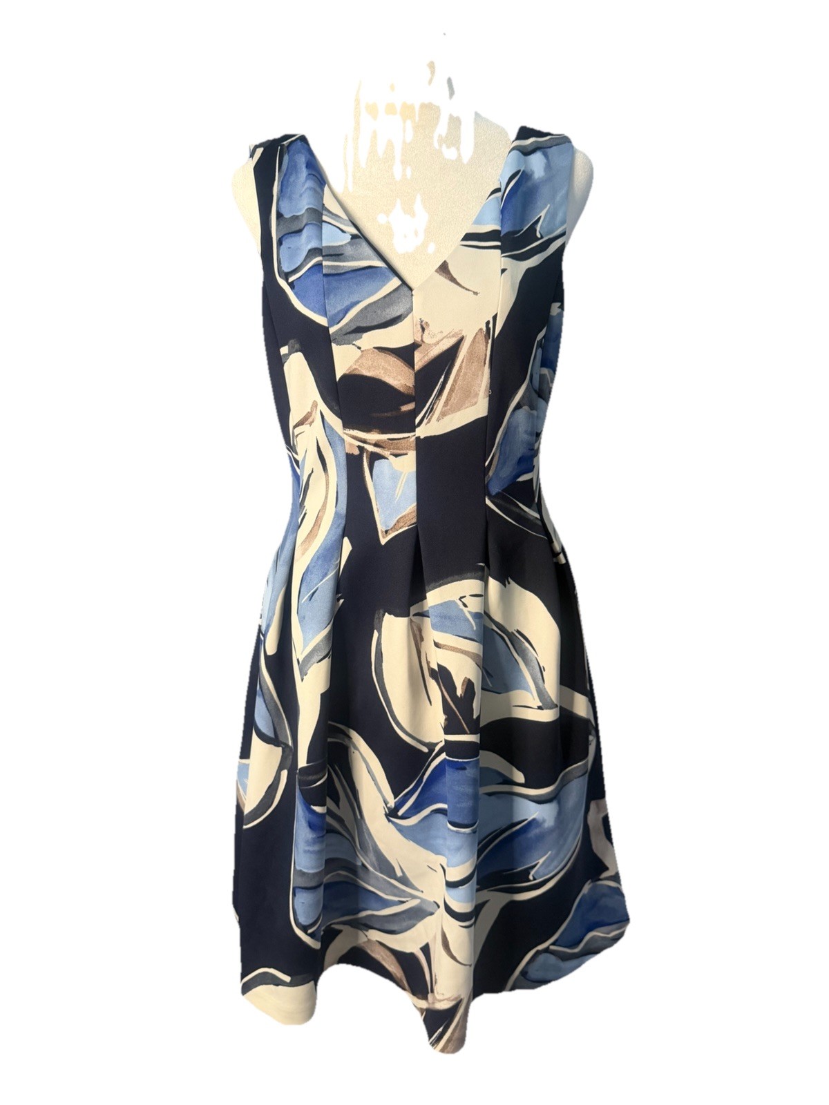 Vince Camuto Sleeveless Abstract A-Line Dress Blue Beige White Lined V-Neck 6