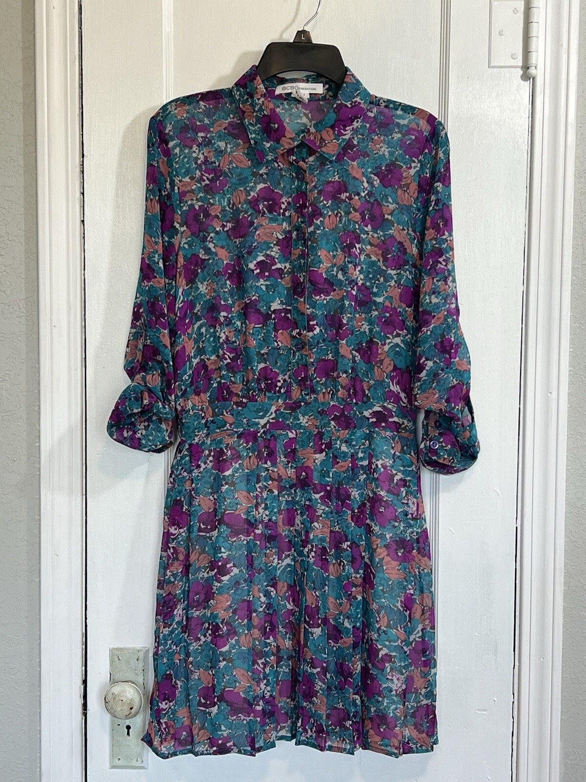 BCBGeneration Mini Shirt Dress Long Sleeve Floral Size SM Casual Polyester
