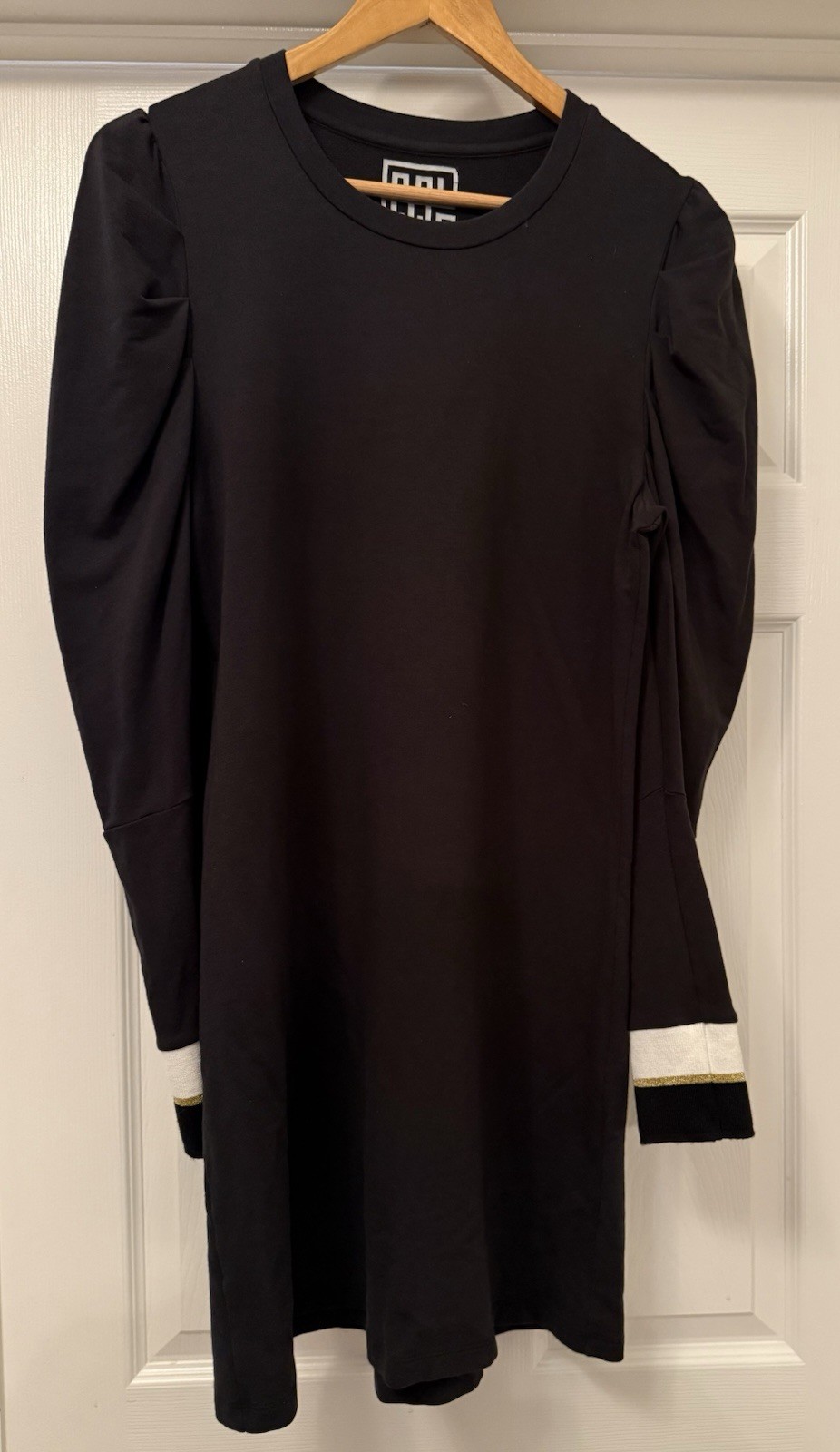 Emily McCarthy Sweatshirt Dress Womens S Black Puff Sleeve Gold Stripe Cuffs