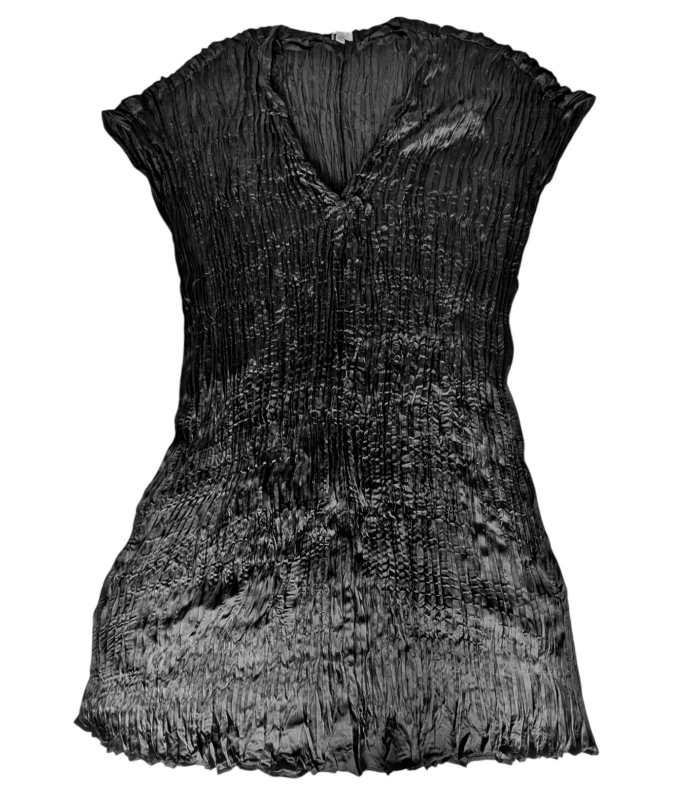 Black Plisse Pleated Tunic Dress Plus Size 3XL sleeveless V-Neck Crinkle Texture