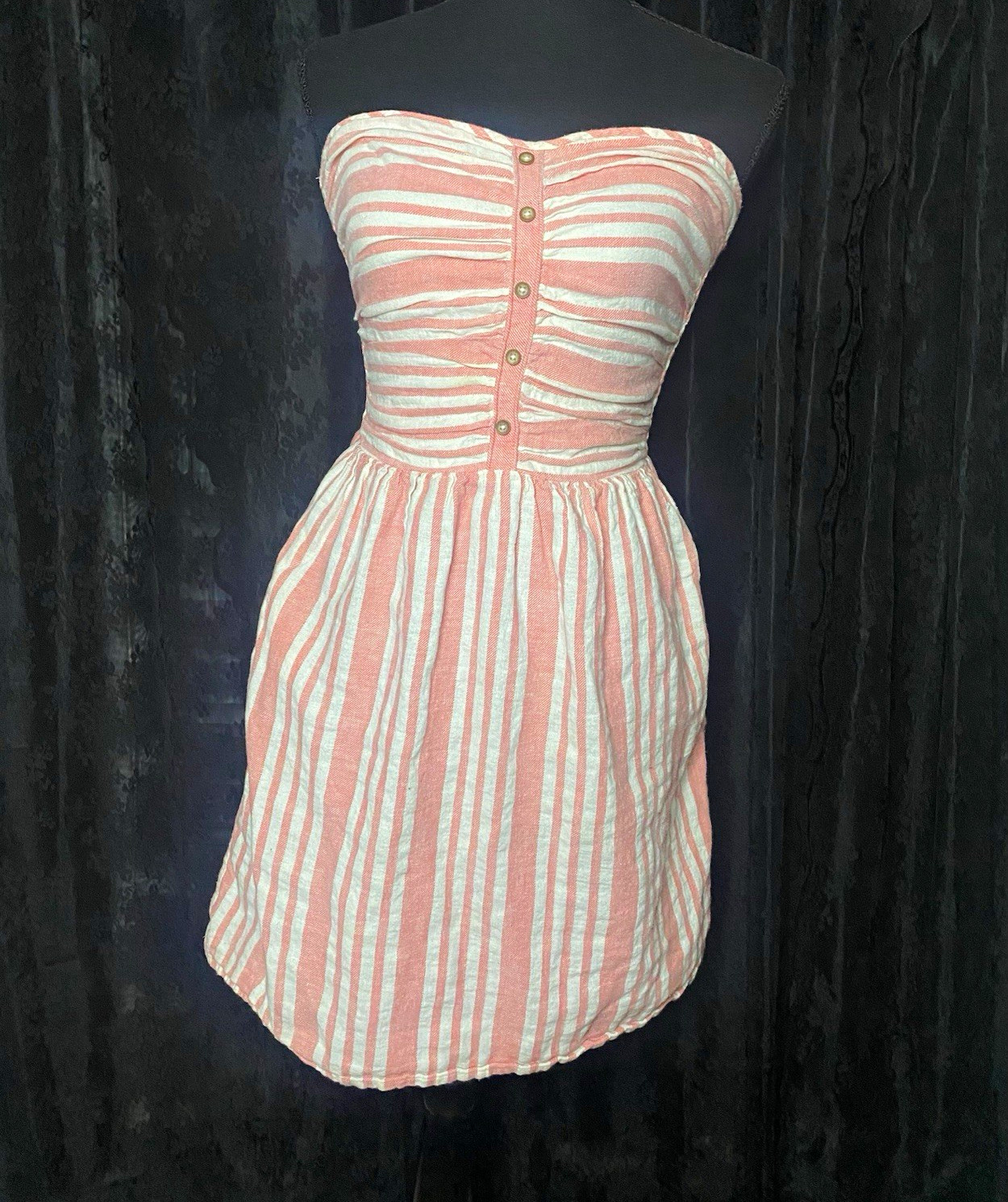 Gap Women’s 0 Pink & White Striped Strapless Button Front Smocked Sundress