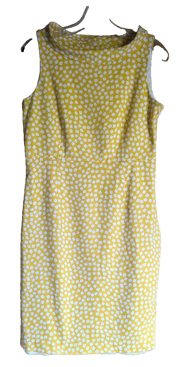 Anne Klein yellow print shift dress sz 10 waffle cotton mid 60s retro mcm style