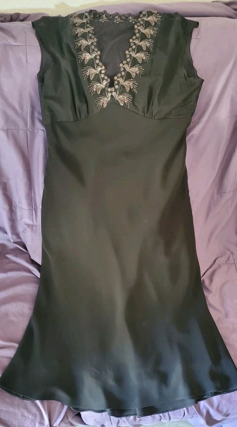 Jones New York Black Cap Sleeve Midi Dress Silk Blend Embroidered Size 16