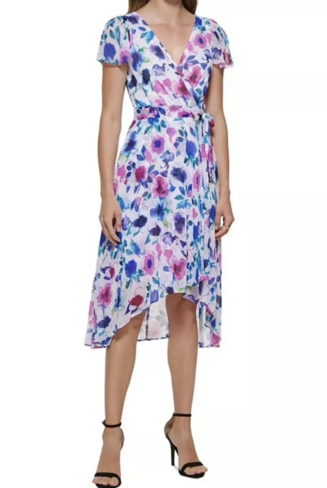 DKNY womens floral print short sleeve mock wrap midi dress size 4/6/8/10/12