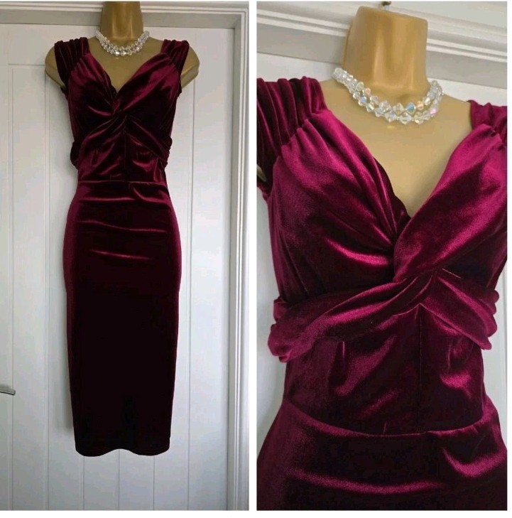 Vintage 1940s 1950s Style Stretch Wine Velvet Pencil Party Dress Size 10 12