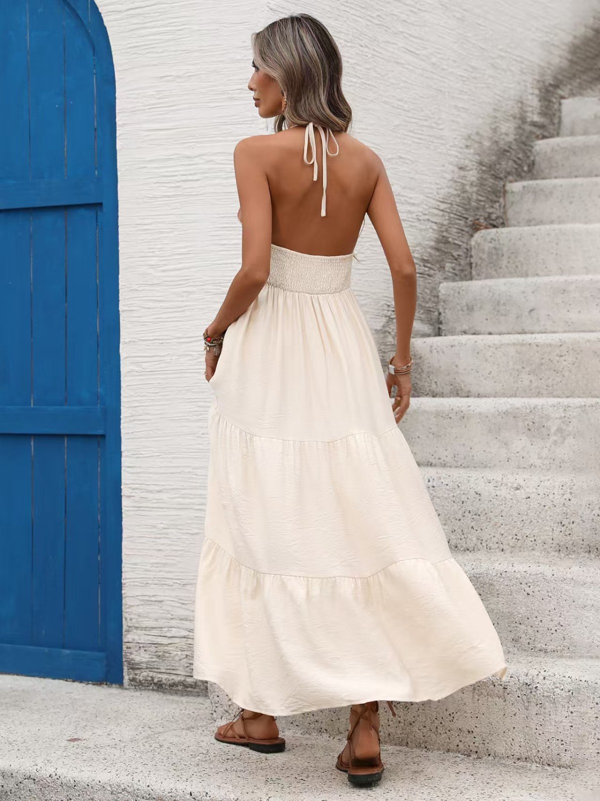 Women’s Beige Halter V-Neck Backless Tassel Tie Maxi Dress Size M