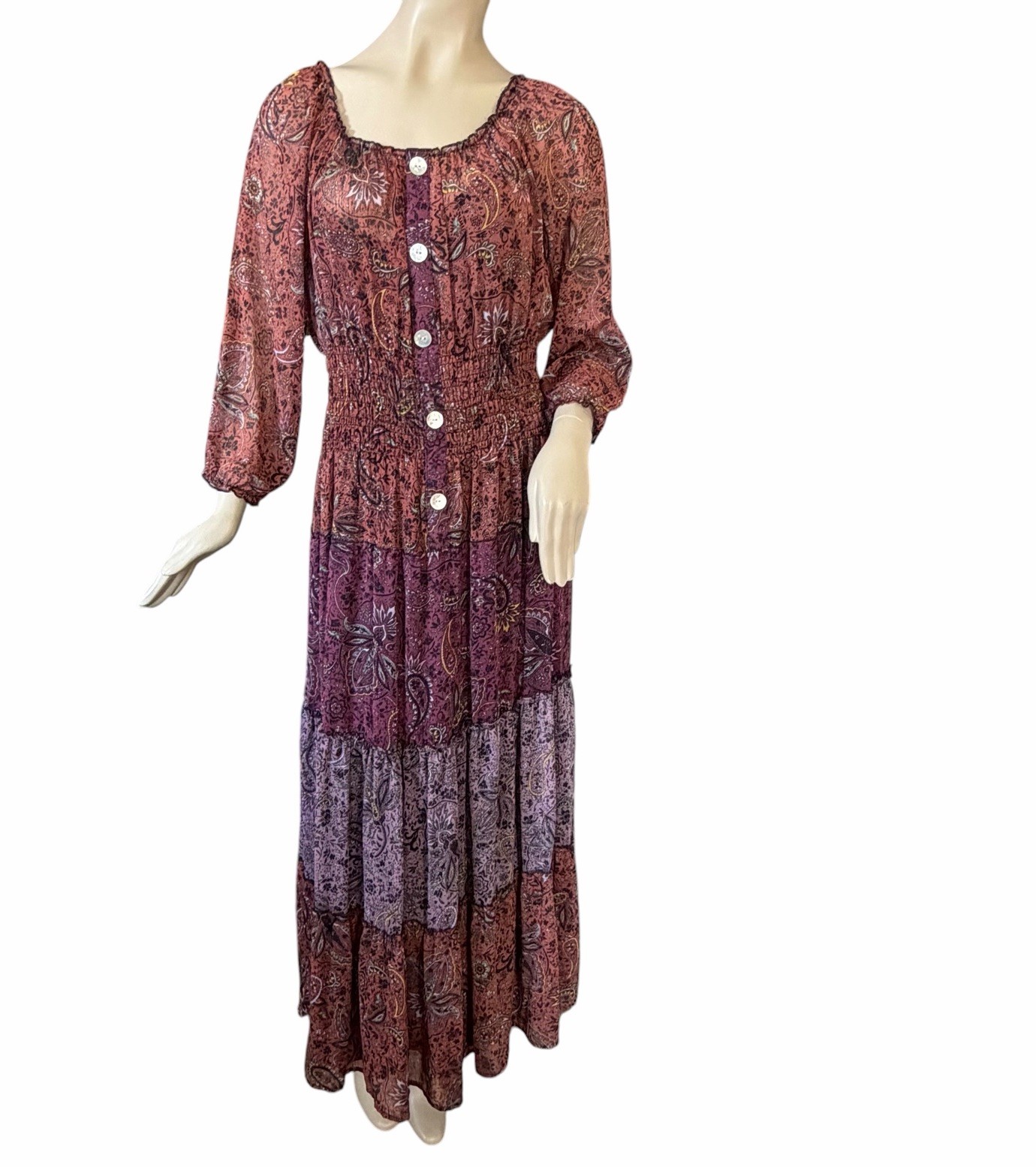 Figueroa & Flower Paisley Tiered Maxi Dress Large• Sheer Romantic Prairie Boho