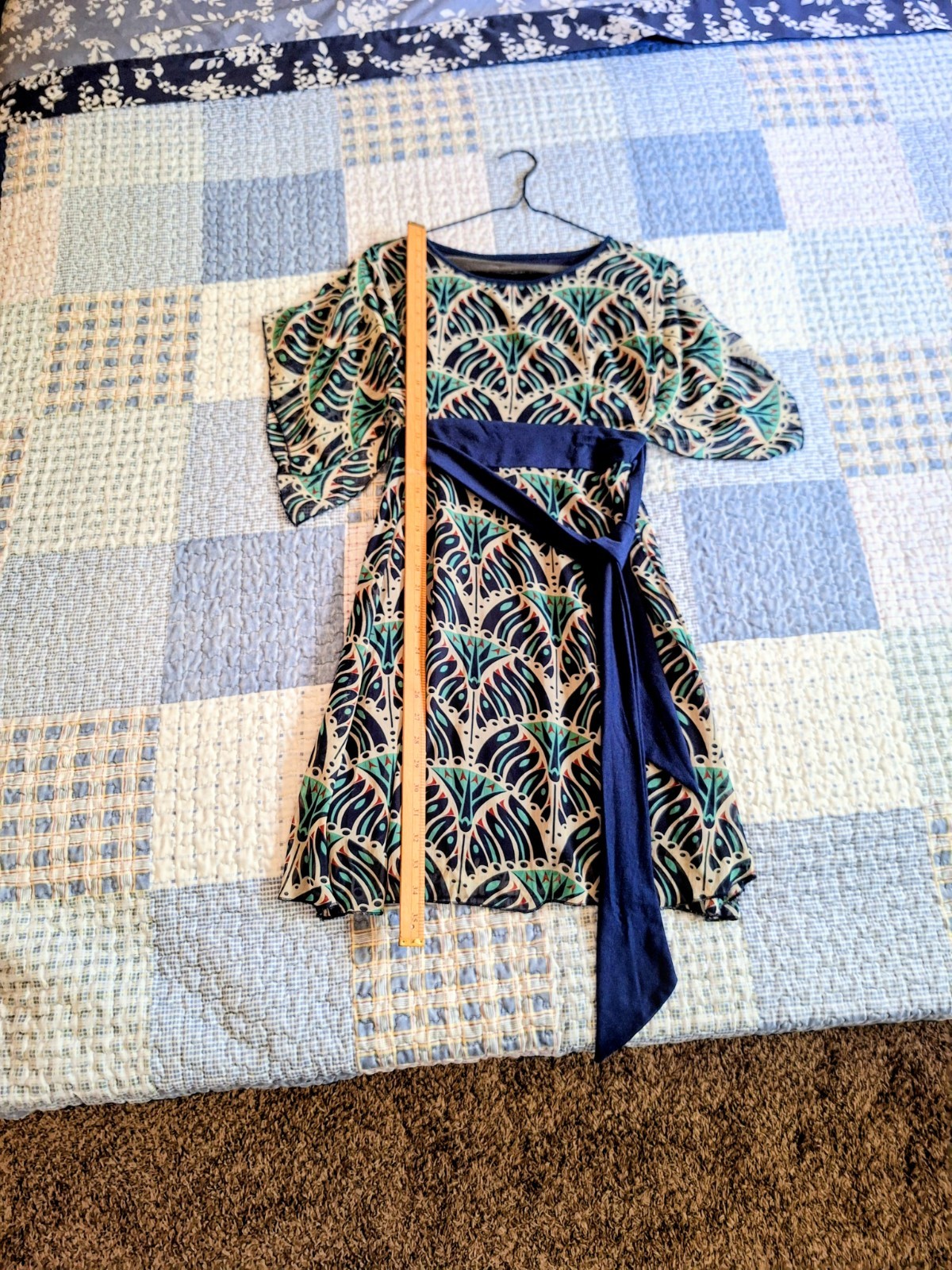 EUC Women’s Navy & Teal Printed Belted Dress