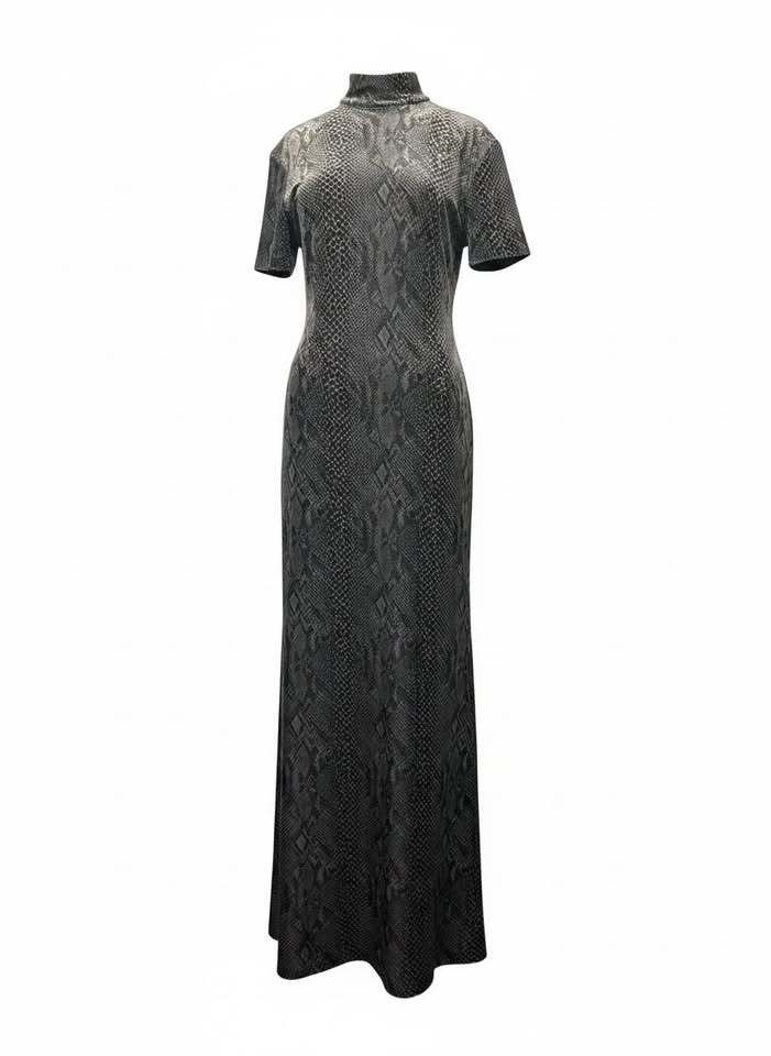 Grey Snakeskin Print Mock Neck Maxi Dress