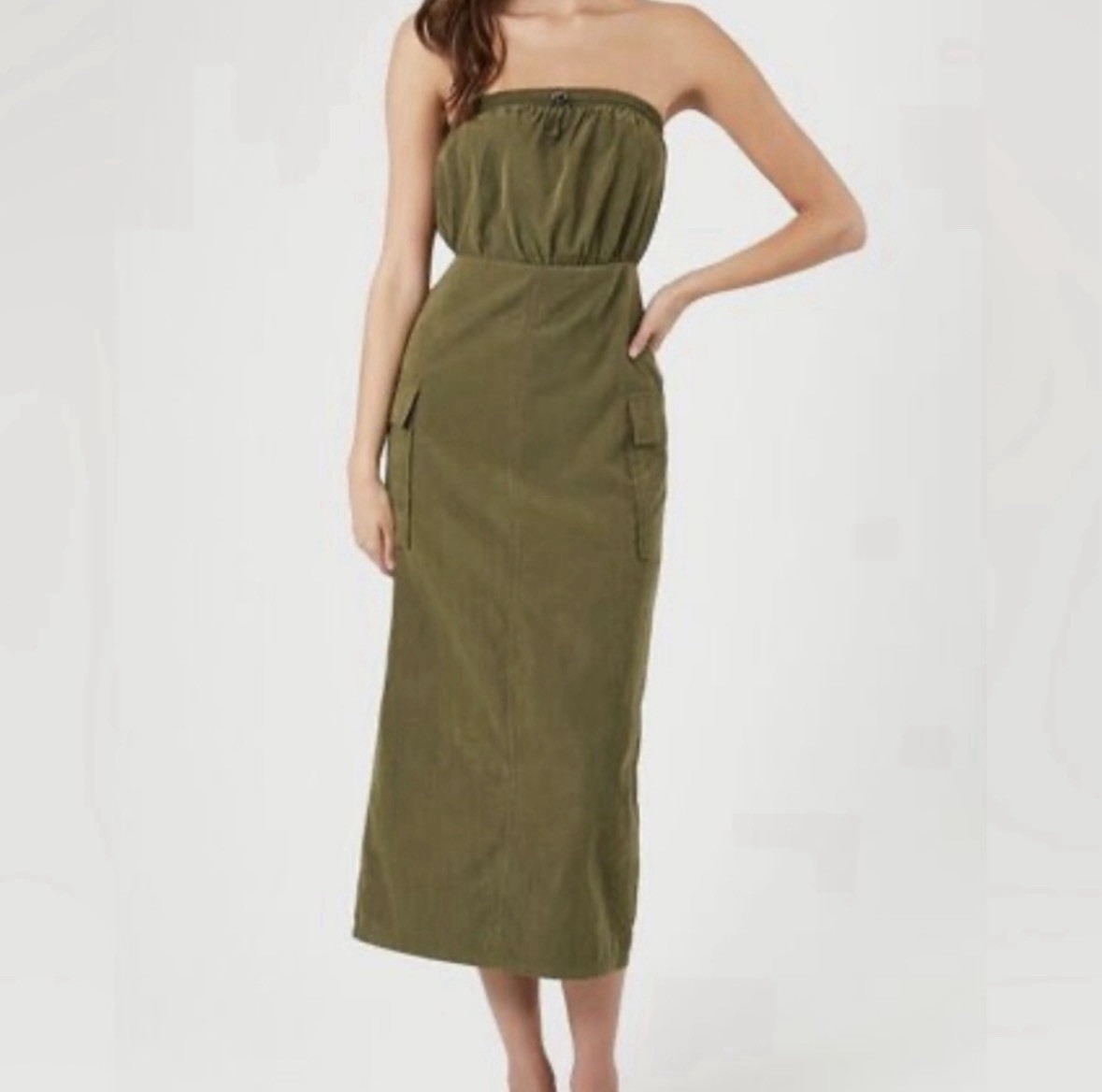 Green Solid Strapless Midi Dress Size S Woven Pullover Pockets Elastic Waist