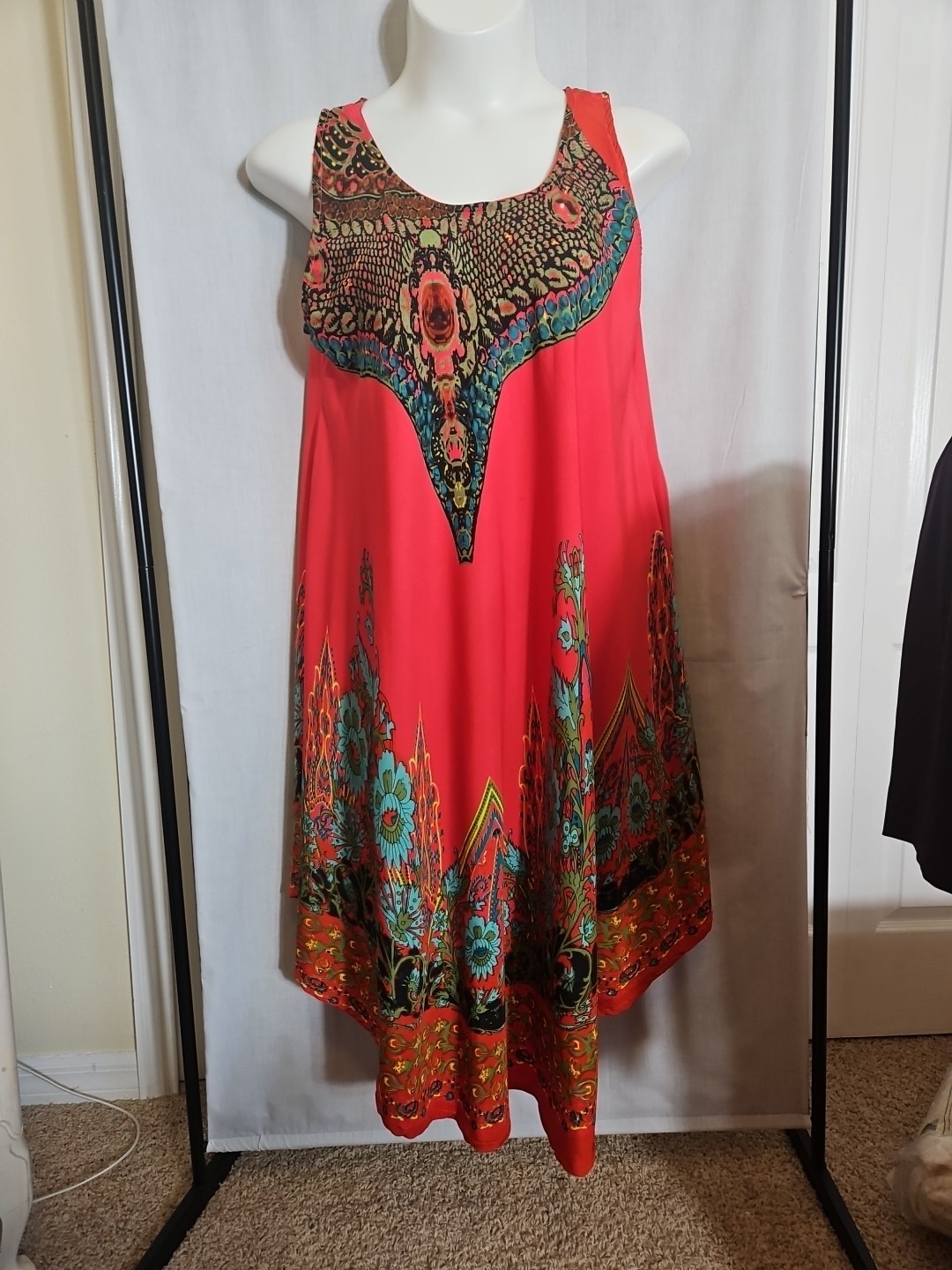 Lapogee XLarge XL Boho Peasant Mini Dress Orange Floral Paisley India Festival