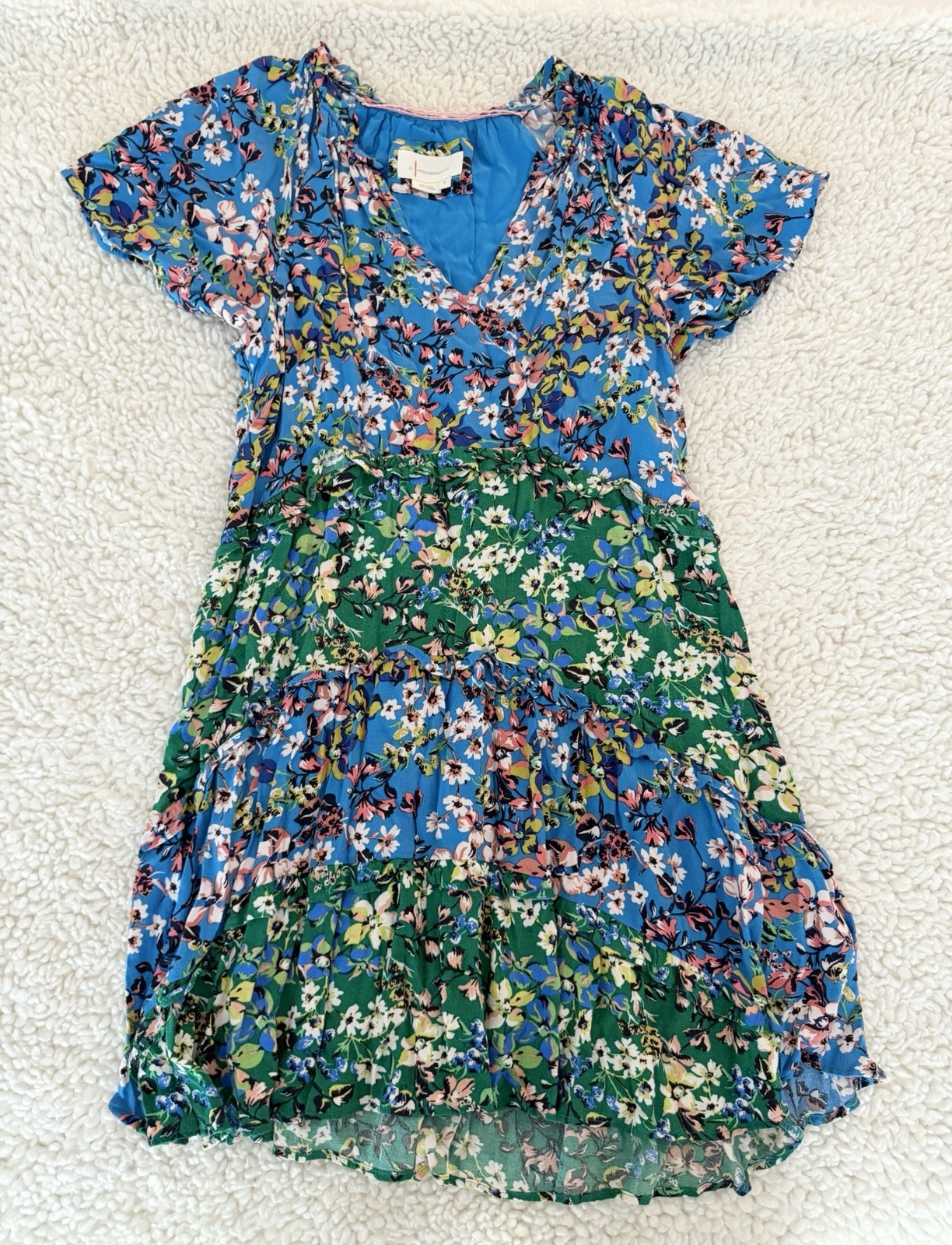 Anthropologie Robin Tiered Mini Dress Blue Green Floral S