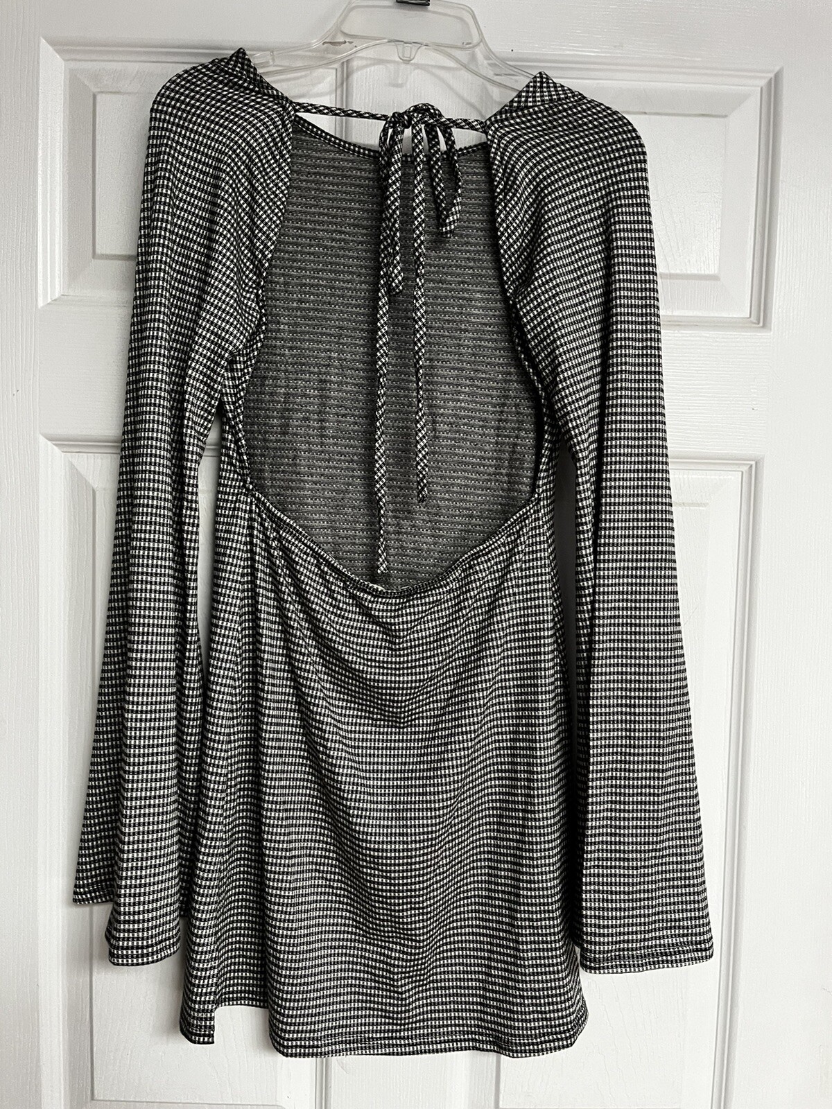 AUDREY 3+1 Black White Gingham Tie Open Back LS Bell Flare Short Dress Sz M NEW