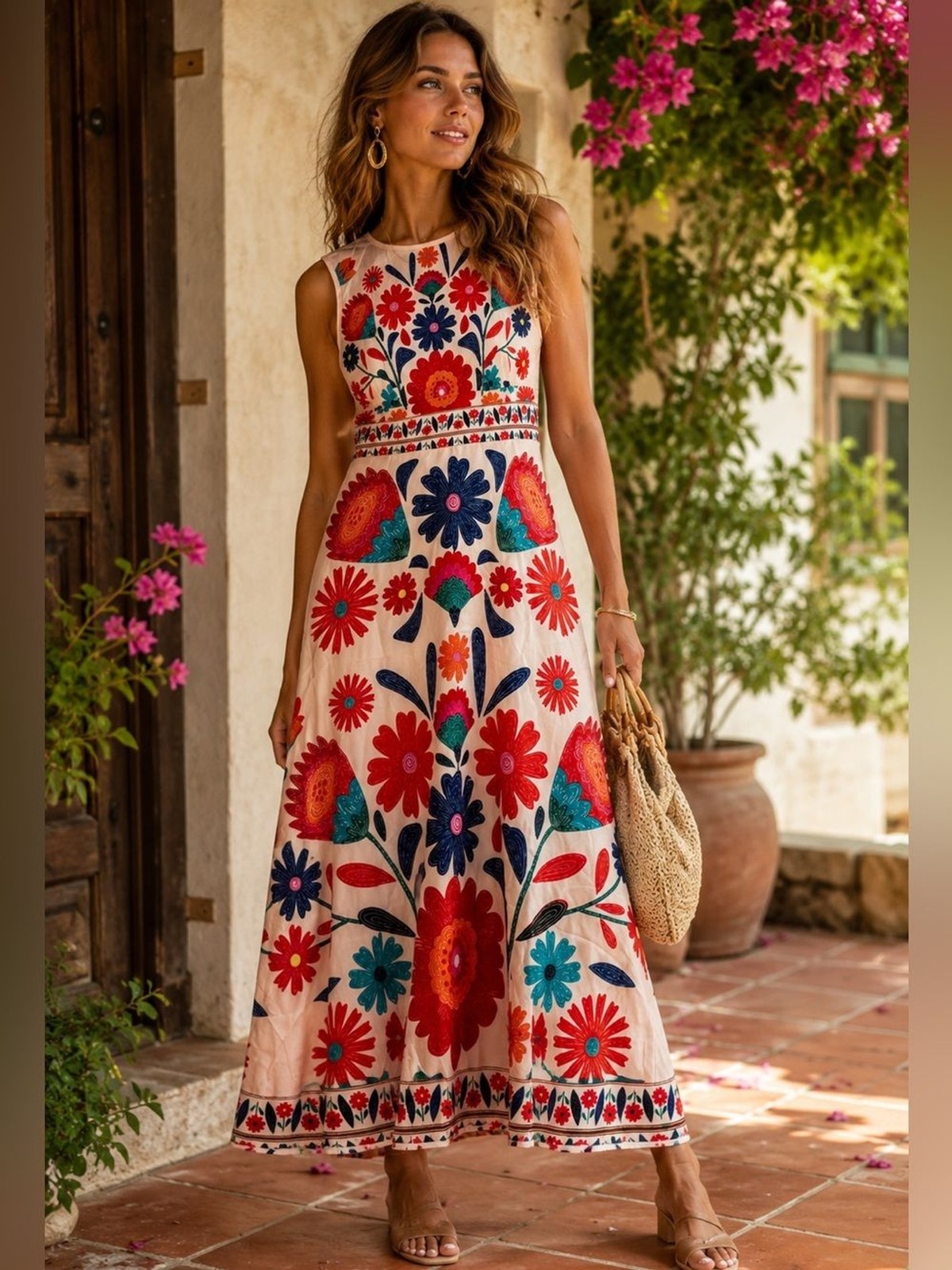 Floral Embroidered Maxi Dress in Cream with Red & Blue Flowers