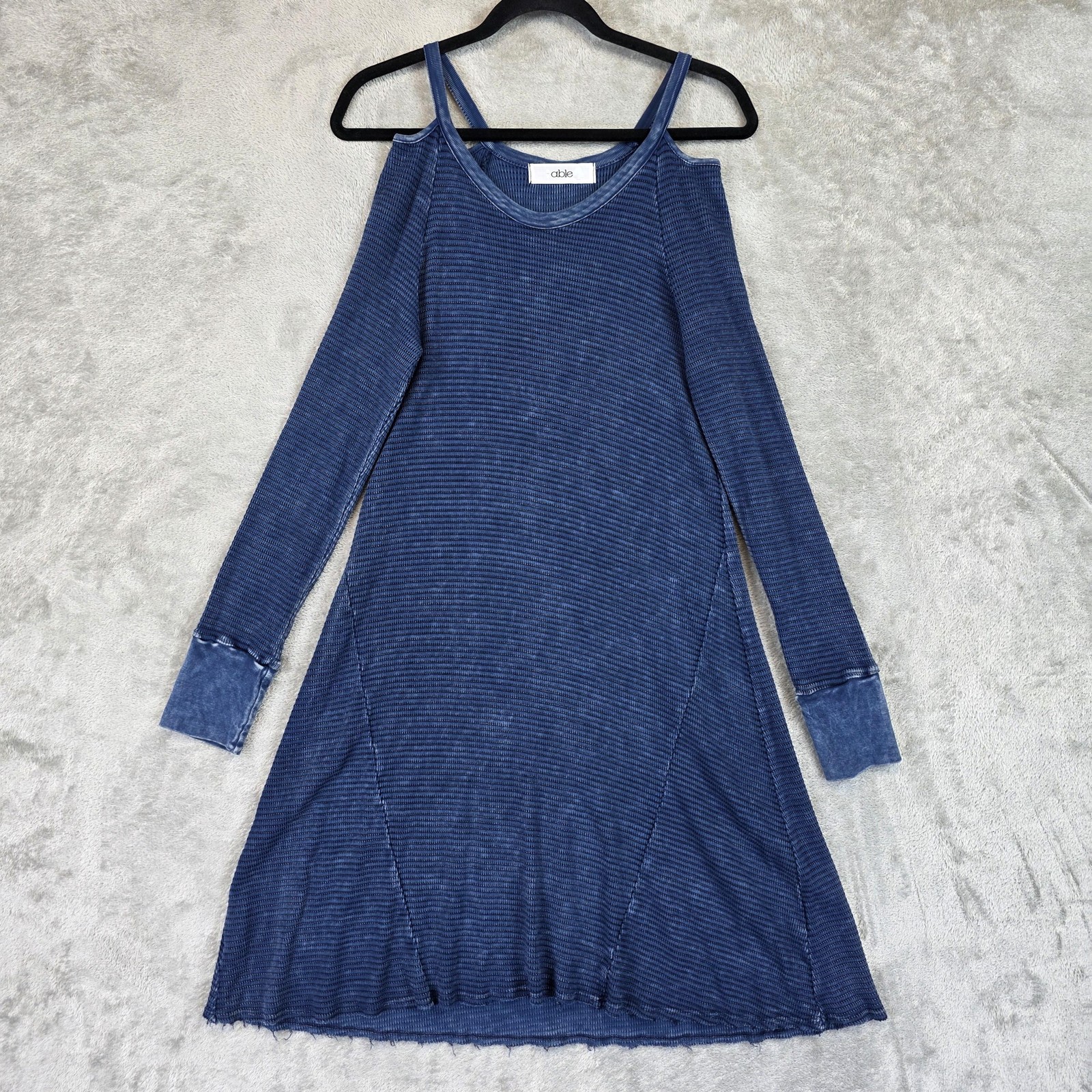 ABLE Dress Womens Small Blue Thermal Knit Cold Shoulder Swing Long Sleeve Casual